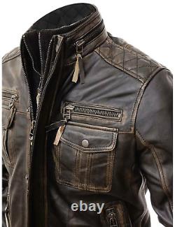 Mens Cafe Racer Vintage Motorcycle Biker Distressed Brown Real Leather Jacket