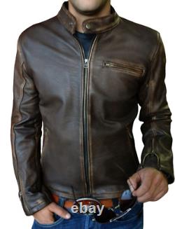 Mens Cafe Racer Vintage Slim Fit Motor Brown Distressed Real Leather Uk Jacket