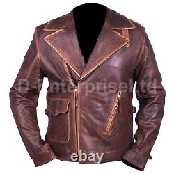 Mens Captain America Vintage Distressed Brown Biker Style Genuine Leather Jacket