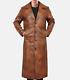Mens Casual Distressed Brown Genuine Leather Halloween Trench Long Coat