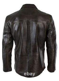 Mens Classic 2 Button Blazer Jacket Distressed Brown Soft Genuine Real Leather