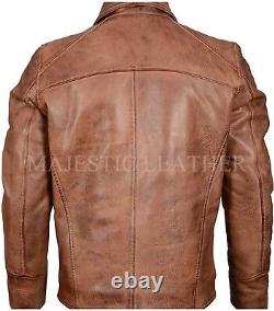 Mens Classic Biker Vintage Motorcycle Distressed Brown Leather Jacket