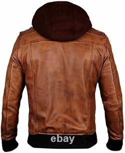 Mens Classic Bomber Hooded Distressed Brown Motorcycle Biker Leather Jacket