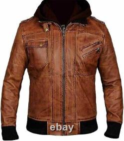 Mens Classic Bomber Hooded Distressed Brown Motorcycle Biker Leather Jacket