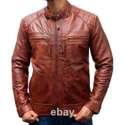 Mens Classic Diamond Biker Motorcycle Distressed Brown Real Leather Jacket