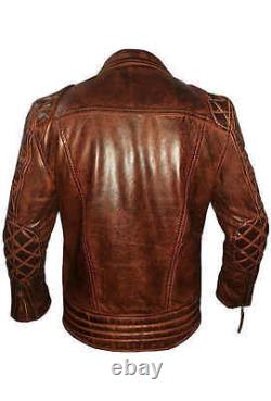 Mens Classic Diamond Biker Motorcycle Distressed vintage Real Leather Jacket