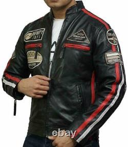 Mens Classic Genuine Leather Biker Bomber Jacket Vintage Distressed Brown/Black