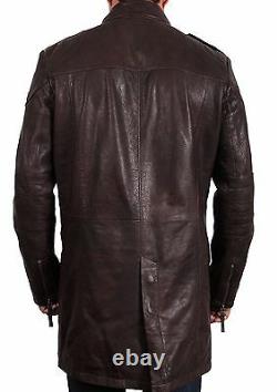 Mens Classic Genuine Leather Winter Distressed Black/Brown Long Overcoat