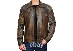 Mens Classic Western Trucker Leather Jacket Motorcycle Distressed Brown Jacket