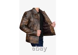 Mens Classic Western Trucker Leather Jacket Motorcycle Distressed Brown Jacket