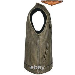 Mens Club Vest Distressed Brown Leather Motorcycle Biker SOA Style New With Tags