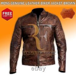 Mens Dark Brown Distressed Vintage Jacket Motorcycle Bomber Genuine Leather