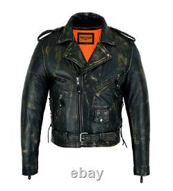 Mens Distressed Brown Biker Leather Motorcycle Jacket Concealed Carry Pockets