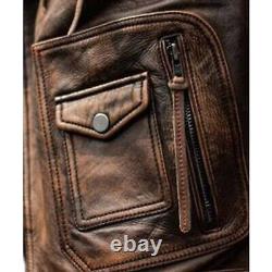 Mens Distressed Brown Biker Retro Classic Aviator Motorcycle Real Leather Jacket