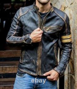 Mens Distressed Brown Cafe Racer Slim Fit Retro Biker Genuine Leather Jacket Uk