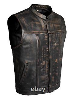 Mens Distressed Brown Cowhide Leather Club Vest Concealed Carry Pockets