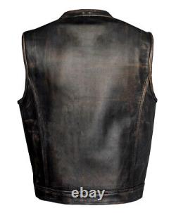 Mens Distressed Brown Cowhide Leather Club Vest Concealed Carry Pockets