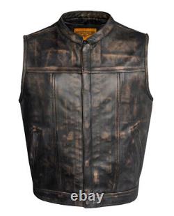 Mens Distressed Brown Cowhide Leather Club Vest Concealed Carry Pockets