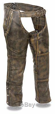 Mens Distressed Brown Leather Chaps, 4 Pocket, Removable Thermal Liner
