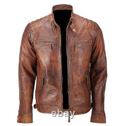 Mens Distressed Brown Motorcycle Cafe Racer Biker Quilted Vintage Leather Jacket