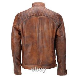 Mens Distressed Brown Motorcycle Cafe Racer Biker Quilted Vintage Leather Jacket