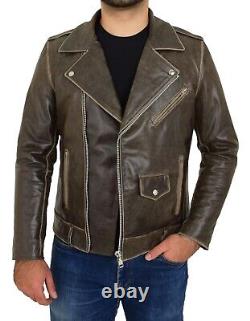 Mens Distressed Brown Rub Off Leather Biker Jacket Vintage Slim Fit X-Zip Fasten