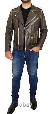Mens Distressed Brown Rub Off Leather Biker Jacket Vintage Slim Fit X-Zip Fasten