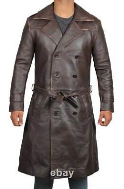 Mens Distressed Brown Winter Long Trench Leather Coat