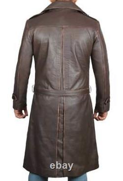 Mens Distressed Brown Winter Long Trench Leather Coat