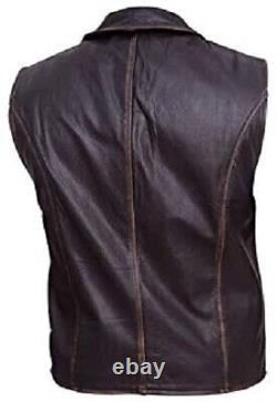 Mens Distressed Dark Brown Biker Leather Vest Motorcycle Vintage Leather Vest