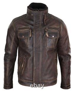 Mens Distressed Genuine Leather Biker Jacket Vintage Brown