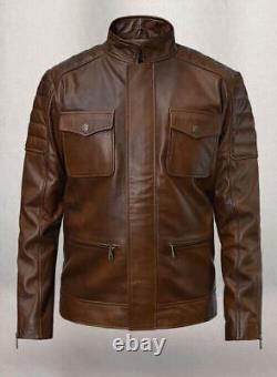 Mens Distressed Leather Jacket Brown Cafe Racer Size S M L XL XXL Custom Made