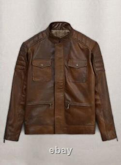 Mens Distressed Leather Jacket Brown Cafe Racer Size S M L XL XXL Custom Made