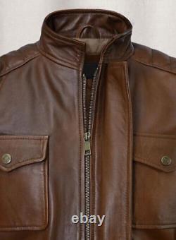 Mens Distressed Leather Jacket Brown Cafe Racer Size S M L XL XXL Custom Made
