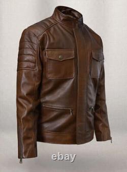 Mens Distressed Leather Jacket Brown Cafe Racer Size S M L XL XXL Custom Made