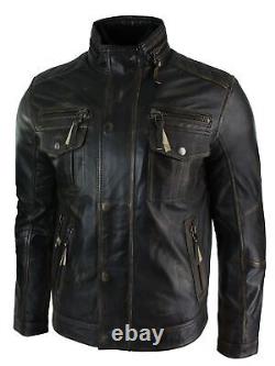 Mens Distressed Ruboff Black Brown Vintage Retro Military Leather Jacket Casual