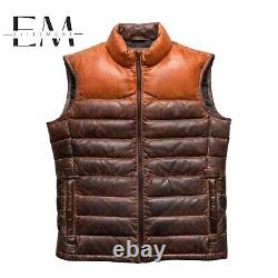 Mens Distressed Two Tone Leather Wax Puffer Vest Warm Down Gilet Jacket XS 8XL