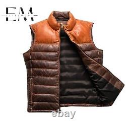 Mens Distressed Two Tone Leather Wax Puffer Vest Warm Down Gilet Jacket XS 8XL