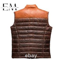 Mens Distressed Two Tone Leather Wax Puffer Vest Warm Down Gilet Jacket XS 8XL