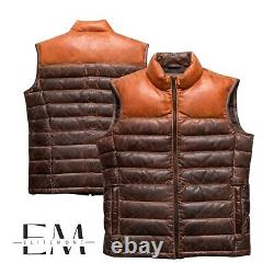 Mens Distressed Two Tone Leather Wax Puffer Vest Warm Down Gilet Jacket XS 8XL