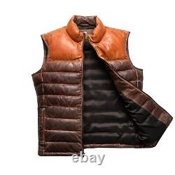 Mens Distressed Two Tone Leather Wax Puffer Vest Warm Down Gilet Jacket XS 8XL