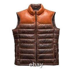 Mens Distressed Two Tone Leather Wax Puffer Vest Warm Down Gilet Jacket XS 8XL