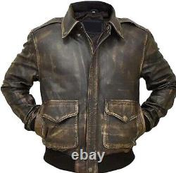 Mens Distressed WWII Cockpit Pilot RAF Military A2 Leather Bomber Aviator Jacket