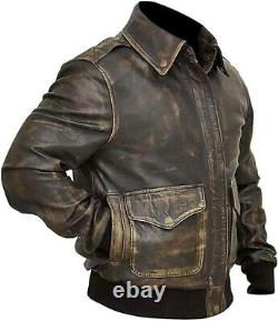 Mens Distressed WWII Cockpit Pilot RAF Military A2 Leather Bomber Aviator Jacket