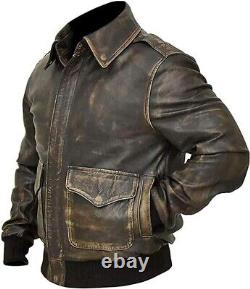 Mens Distressed WWII Cockpit Pilot RAF Military A2 Leather Bomber Aviator Jacket