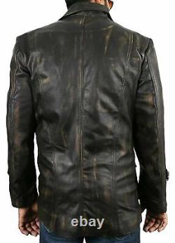 Mens Distressed /biker Motorcycle Distressed black leather button jacket coat