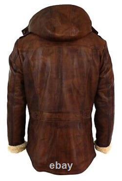 Mens Duffle Hooded Distressed Brown Winter Wear Trench Genuine Leather Overcoat