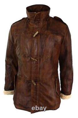 Mens Duffle Hooded Distressed Brown Winter Wear Trench Genuine Leather Overcoat