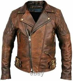 Mens Genuine Cowhide Wax Brown Leather Biker Distressed Jacket Motorcycle Jacket
