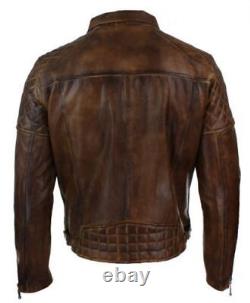 Mens Genuine Distressed Brown Leather leder Jacket Biker Harley Vintage Retro